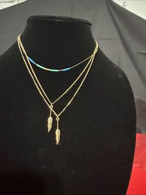 Gold Layered Feather Pendant Necklace with Blue and Green Beads